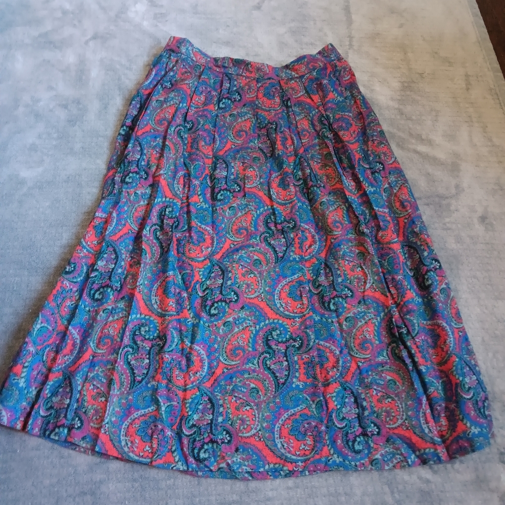 Vintage Academia Boho Grunge Paisley Red Blue Multicolor Hippie Skirt 12 Petite